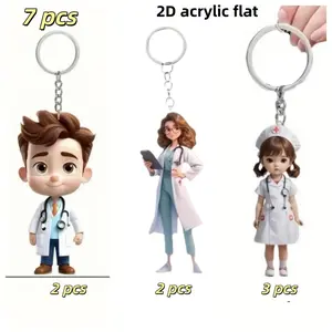 7-piece set of acrylic 2D doctor/nurse keychains, card holder decorations, car keychains—waterproof, scratch-resistant, corrosion-resistant; commemorative gifts
