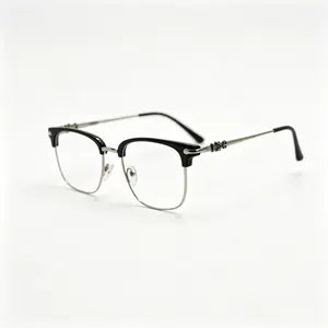 Retro Browline Blue Light Blocking Glasses for Men Women, Black & Gold Metal Frame, Anti-Eyestrain Computer Eyeglasses with Cross Accents