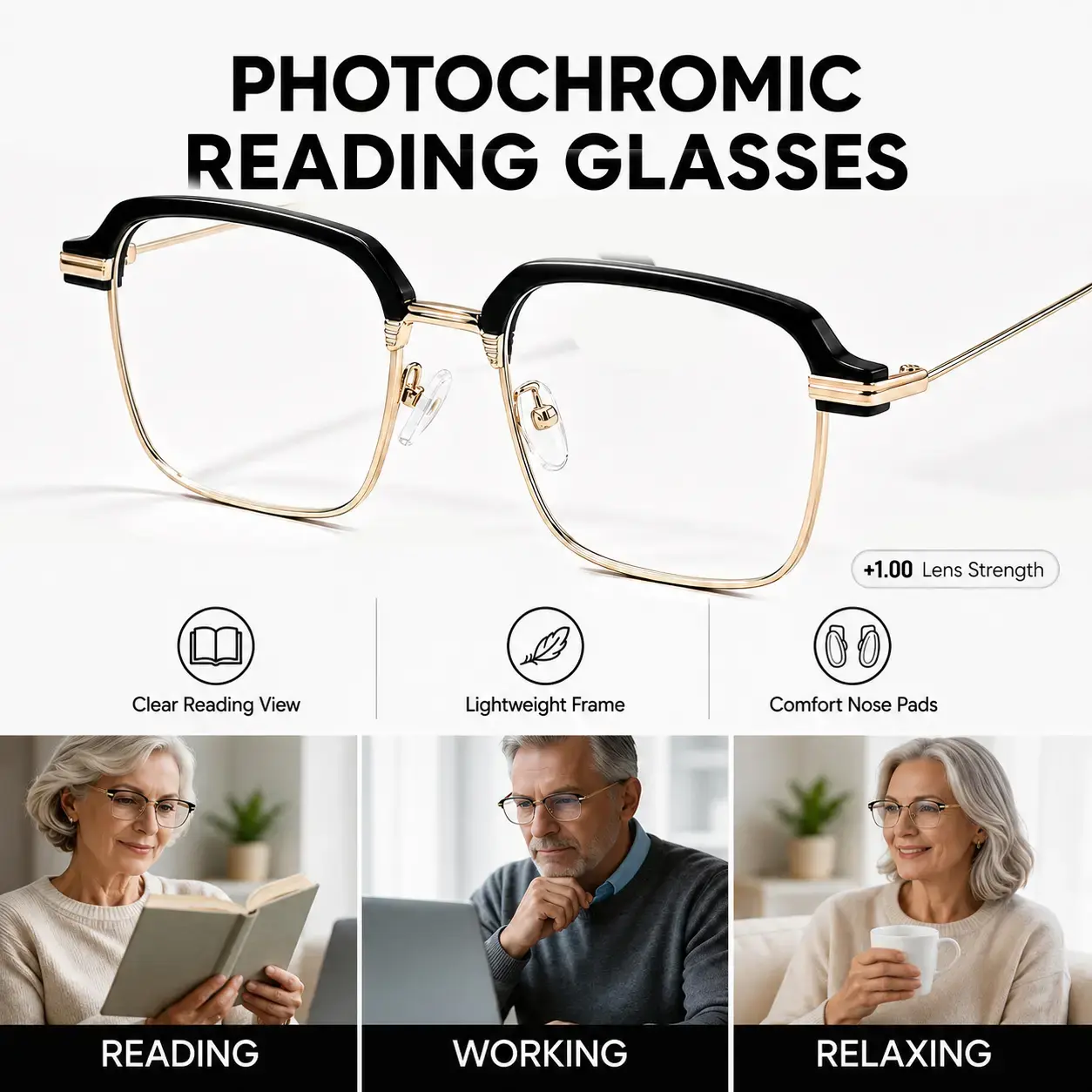 Unisex UV-Induced Photochromic Reading Glasses - +1.00, +1.50, +2.00, +2.50 Powers, Anti-Glare, UV Protection, Lightweight Black-Gold Eyeglasses for Work/Travel