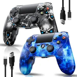 2 Pack ISHAKO Wireless Game Controller for PS4/PS3/PC/Android/iOS, With Double Vibration, Six Axis Gyroscope,Touch panel function,Multi function, Gamepad, PS415 Blue Universe and Ghost Set two-sided wireless gaming