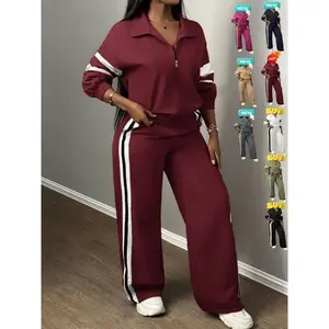 Women's Zipper Jacket & Striped Wide-Leg Pants Set, Streetwear & Casual, Two-Piece Suit for Daily Wear