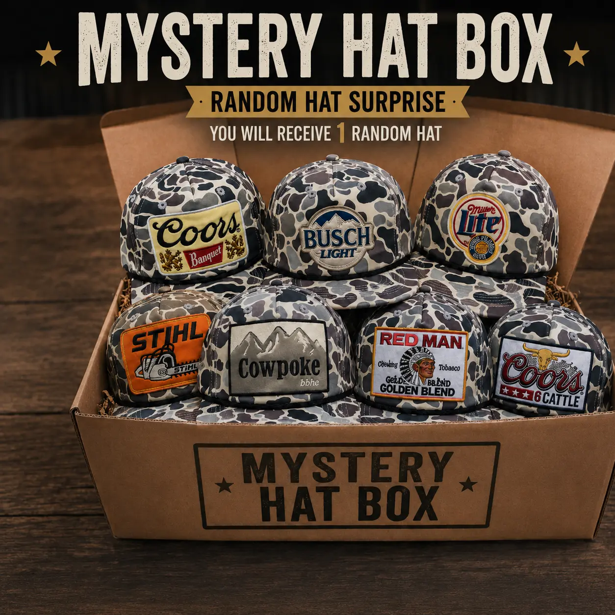 Mystery Vintage Patch Trucker Hat Box, Random Camo Snapback Cap Bundle, Retro Rope Hat Collection, Outdoor Hunting Western Style Cap, Beer Patch Hat, Cowboy Ranch Gift for Men, Surprise Hat Box