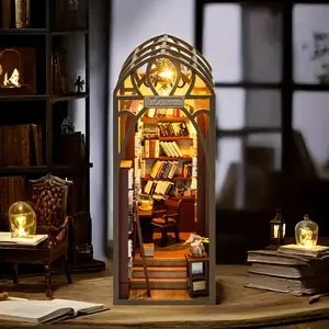 Library Bookshelf Set 3D Wooden Puzzle Room Bedroom Insert Decorations Dollhouse Building Model DIY Handmade Toy Mini Kit Halloween Birthday Gift
