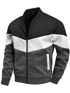 Men’s 3-Tone Black White Heather Gray Color Block Bomber Jacket - Full-Zip Rib Baseball Collar, Long-Sleeve, Loose-Fit, Soft Breathable Casual Outerwear for Sports, Daily Commute, Spring Fall Urban Outfits