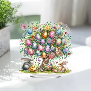 Easter Diamond Art Desktop Set for Adults, DIY Acrylic Stand Gem Painting Board, Easter Bunny Design, Flat Printing Kit
