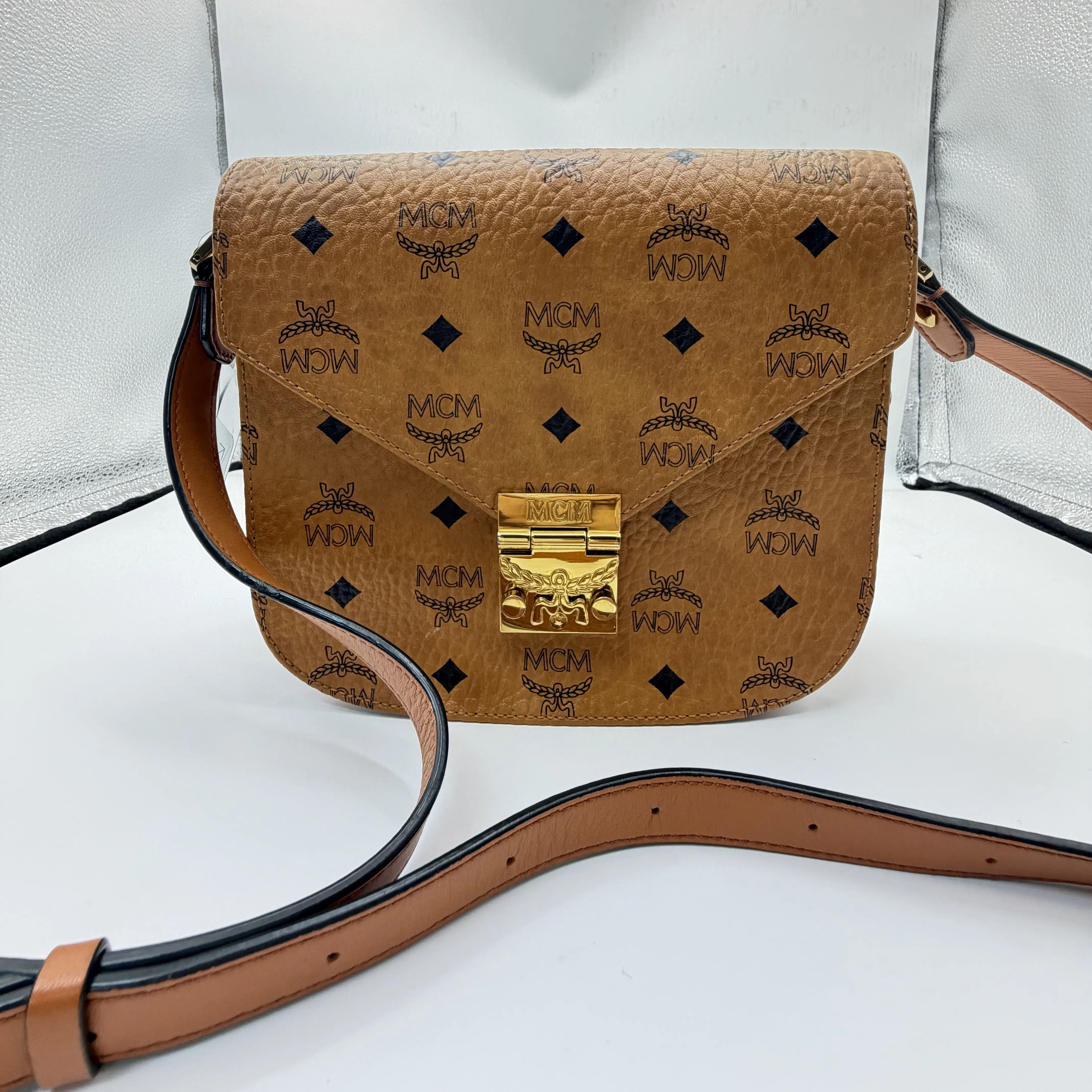 Pre-owned MCM Patricia Visetos Crossbody Bag Cognac Leather Gold Hardware
