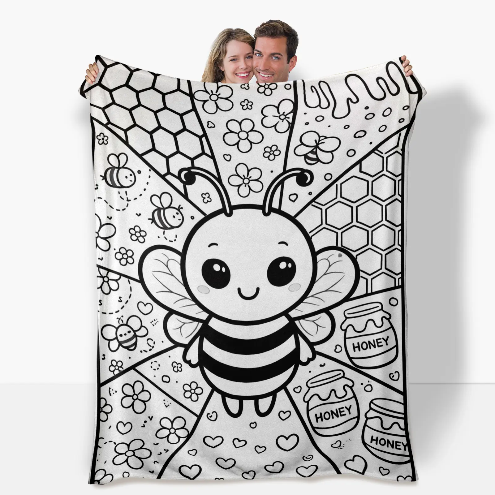 Color-Fillable Flannel Throw Blanket (50in*60in) - Bee Pattern Animal Artwork, Cartoon Custom Graphic Design, Parent-Child Interactive Craft, All Season Decorative Giftable Blanket for Adults (Markers Not Included), All Season Blanket