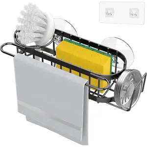 Hanging Adjustable Stainless Steel Kitchen Organizer Caddy - In-Sink Storage for Sponges, Brushes, Dish Cloths, Stoppers, with 2 Installation Options (Suction, Adhesive Racks)