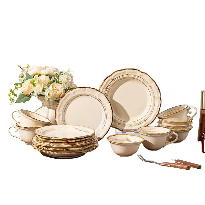 4/8-piece ceramic tableware set, Dishware sets, Western style tableware set, including plates, bowls, mugs, Roman style, retro, suitable for 2 people, can be heated in the microwave, machine washed, Plates And Bowls Sets, Dishes Set
