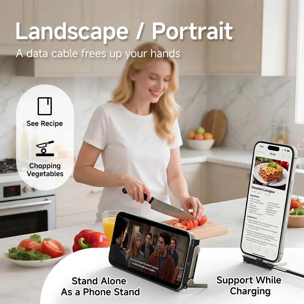 Invisible Holder Charger Cable with Stand, 240w super fast charging 2-in-1 Fast Charging Cord & Phone Stand for Gaming, Office, Car Travel, Compatible with iPhone Samsung Type-C charging cable Black