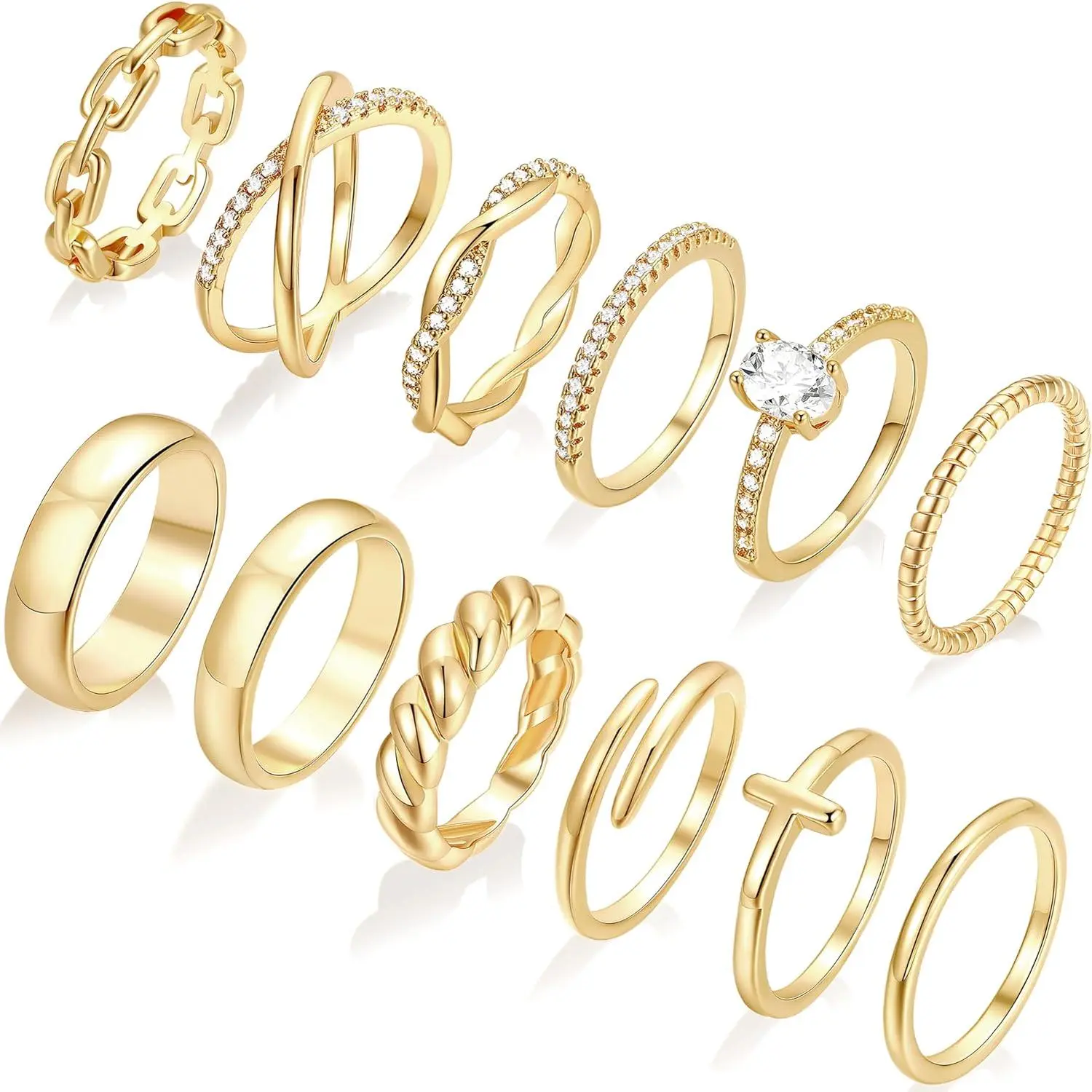 12 PCS Dainty 14K Gold Rings for Women, Open Chunky Twist Simulated Diamond Criss Cross Designs, Non Tarnish Gold Plated Stacking Thumb Ring, Perfect for Wedding Rings Size 5-11