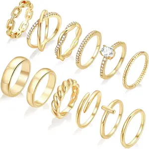 12 PCS Dainty 14K Gold Rings for Women, Open Chunky Twist Simulated Diamond Criss Cross Designs, Non Tarnish Gold Plated Stacking Thumb Ring, Perfect for Wedding Rings Size 5-11