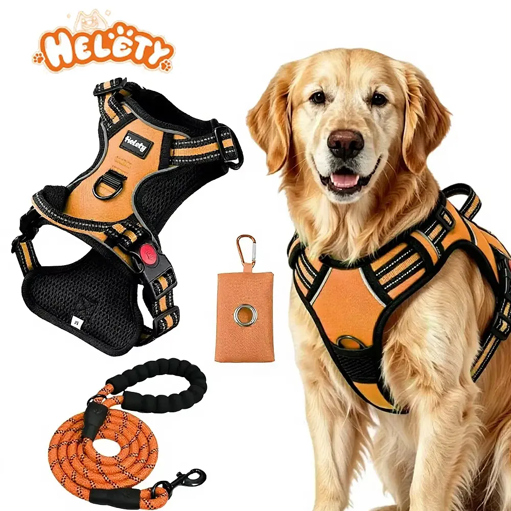 HELETY 3-in-1 No-Pull Dog Vest Harness Set - Soft Adjustable Oxford Strap, Reflective Anti-Escape Design, Poop Bag Dispenser, AirTag Holder, Breakaway Collar, Lead Accessories, Coyote Shock Protection, LED for Safe Night Outdoor Walking (S/M/L Dogs) leash