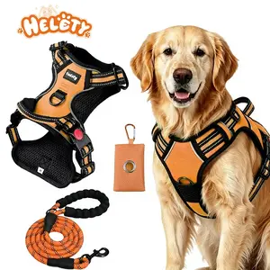 HELETY 3-in-1 No-Pull Dog Vest Harness Set - Soft Adjustable Oxford Strap, Reflective Anti-Escape Design, Poop Bag Dispenser, AirTag Holder, Breakaway Collar, Lead Accessories, Coyote Shock Protection, LED for Safe Night Outdoor Walking (S/M/L Dogs) leash
