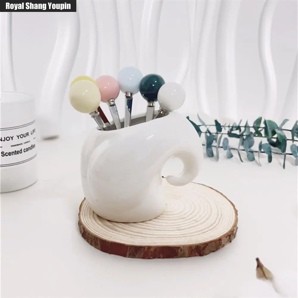 6-Piece Ceramic Pearl Cutlery Set, Stainless Steel Spoon Fork & Jar for Fruit, Dessert, Everyday Meals Tableware, Mirror Finish