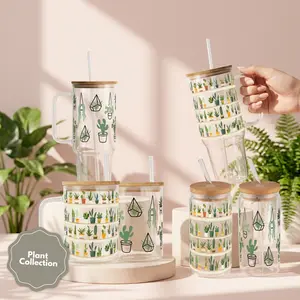Sip-Sip Hooray! Cute Plant Lover Glass Cup –  Tumbler with Lid & Plastic and Glass Straws, Succulent Aesthetic Coffee Mug Gift for Gardening Mom Printed Glossy Water Bottles