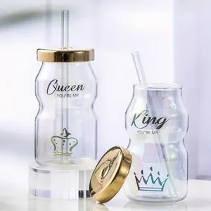 Glass Drinking Cup with Lid Straw, Iced Coffee Clear Bottle, Water Bottle, Cool Cute Bottle, Gift