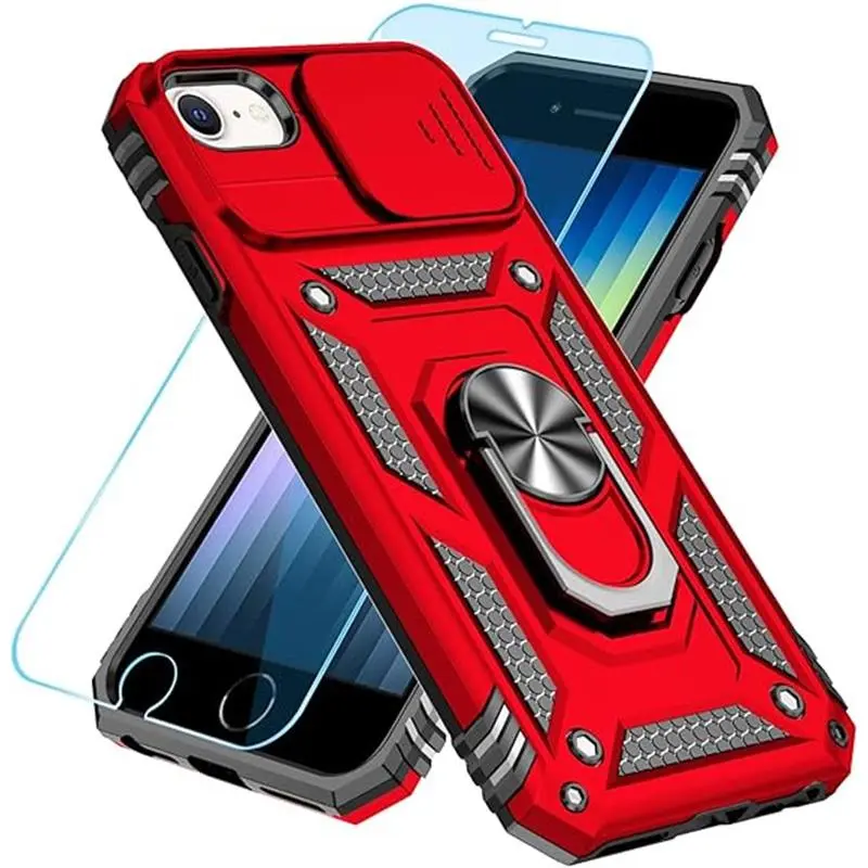 iPhone SE Case 2022/2020/3rd/2rd Red HD Screen Protector & Slide Camera Cover Military-Grade Protective Case for iPhone SE 2020/SE 2022/6/7/8