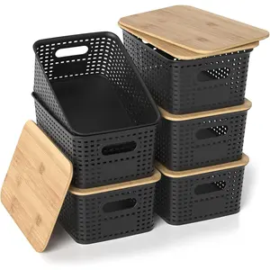 Plastic Storage Baskets with  Lids, Stackable Small Box Bins for Organizing and Containers for Shelves Drawers Desktop Closet Pantry Classroom Office Home, 6 Pack 10.2x7.2x4.1 Inch, Black