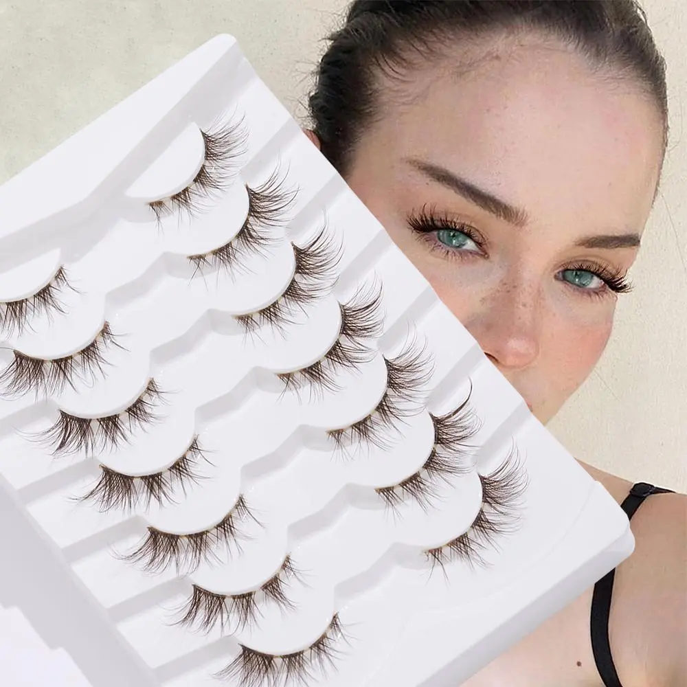 Brown Fluffy False Eyelashes Eyelash Cluster Set, 7 Pairs Fish Tail Crossed Faux Cluster Lashes with Clear Bands, Natural Look Natural Curling Eyelash for Daily Lashes Extensions for Women and Girls Eye Makeup Enhancement