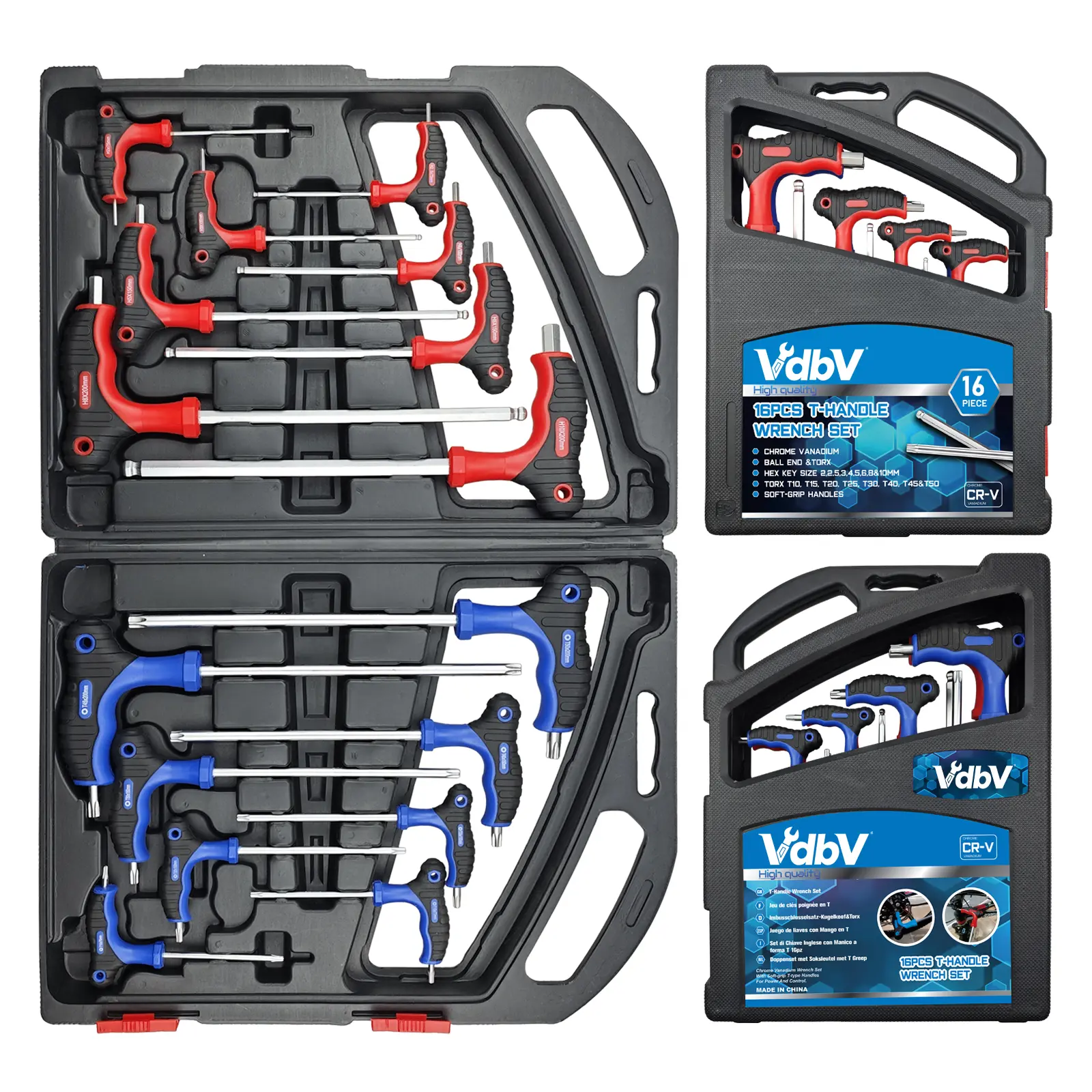 16PCS Professional CRV Hex Combination Wrench Set - Chrome Vanadium Steel T-Shaped Grip, Color-Coded Handles, Long Ball & Star Hex Wrenches (1.5-10mm, T10-T50, 1/16-3/8), Compact Size Fits Toolboxes for Bicycle Repair, Home DIY Projects Socket Wrench Set