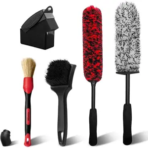 Wheel Cleaning Kit, 5 Pack Bendable Wheel Cleaning Brush and Microfiber Rim Cleaner Brush, Tire Dressing Applicator and Car Detailing Brush For Wheel Care and Cleaning, Red