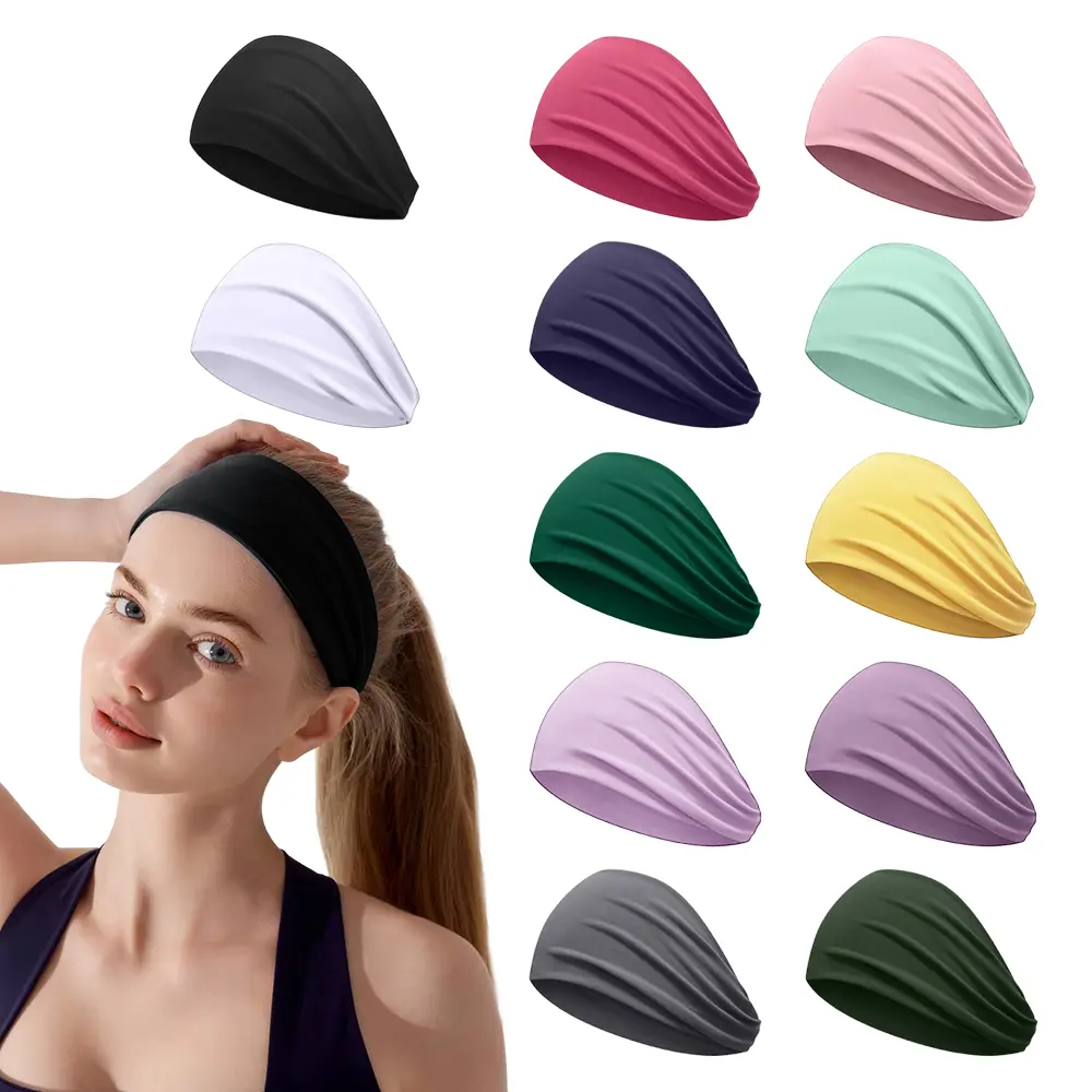 Women's 12-Piece Elastic Anti-Slip Design Sports Headbands - Comfortable, Sweat-Absorbing, Reusable for Yoga, Workout, Biking (1 Size), One Size