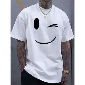 Summer Must-Have: Men's Fashionable Smiling Face Printed Casual T-Shirt - Breathable 100% Cotton, Round Neck, Short Sleeved