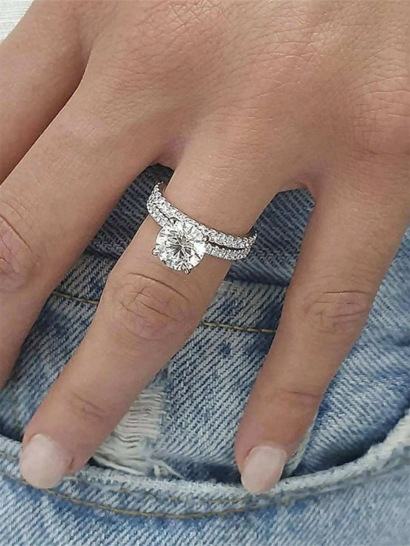 2 Pcs/Set Charm Cubic Zirconia Ring Set For Women Bridal Rings For Wedding Engagement Anniversary Party Band Jewelry Valentine's Day Gift Stackable Finger Rings