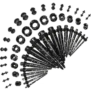 50pcs Ear Stretching Gauges for Beginners: Gauging Lobe Starter Tapers, Heart Tunnel Earrings, Lightweight Acrylic Plugs, 14G-12mm Piercing Expanders for Women and Men (Black & White Splatter)