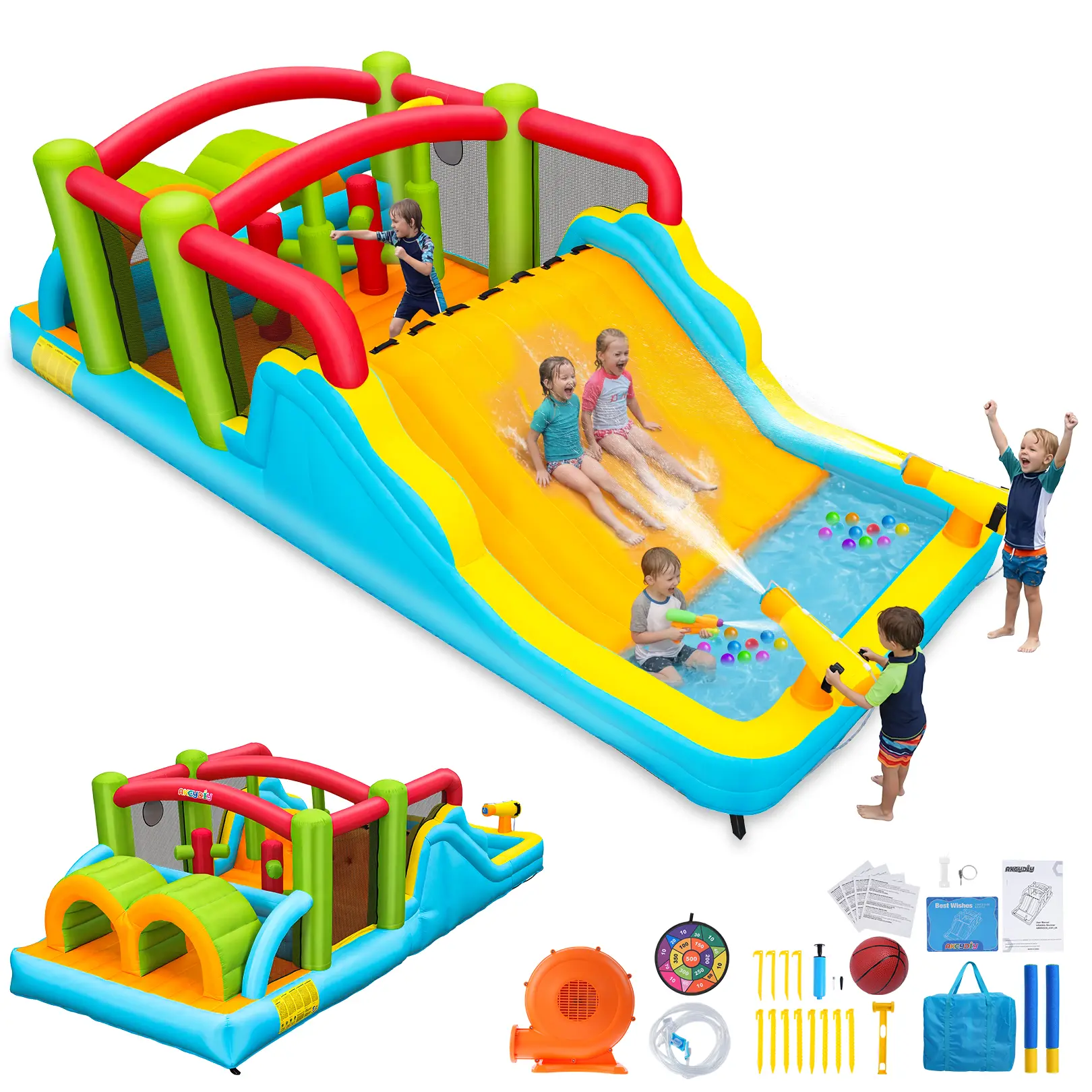 AKEYDIY  Inflatable Obstacle Course Water Park with Water Slide & Water Cannon, Backyard Indoor/Outdoor Adventure Fun, with Air Blower (Adventure Waterslide),Big Bounce House&Water Slide for Kids 3-12 yr, mothersdaygift
