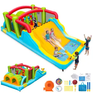 AKEYDIY  Inflatable Obstacle Course Water Park with Water Slide & Water Cannon, Backyard Indoor/Outdoor Adventure Fun, with Air Blower (Adventure Waterslide),Big Bounce House&Water Slide for Kids 3-12 yr, mothersdaygift