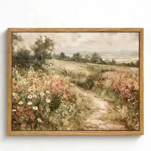 Shanghaizhe Blooming Fields Landscape Art, 19th Century Farm Vintage Design Canvas Painting, Wildflower Theme Framed Wall Decor, Soft Earthy Colors