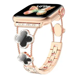 Four-leaf Clover Band Fit Gold Apple Watch Bands for Women 42mm 38mm, Thin iWatch Bands for Women, Metal Bling Cute Bands for Apple Watch Series 11 10 9 SE 8 7 6 5 4 3 Gold/Black