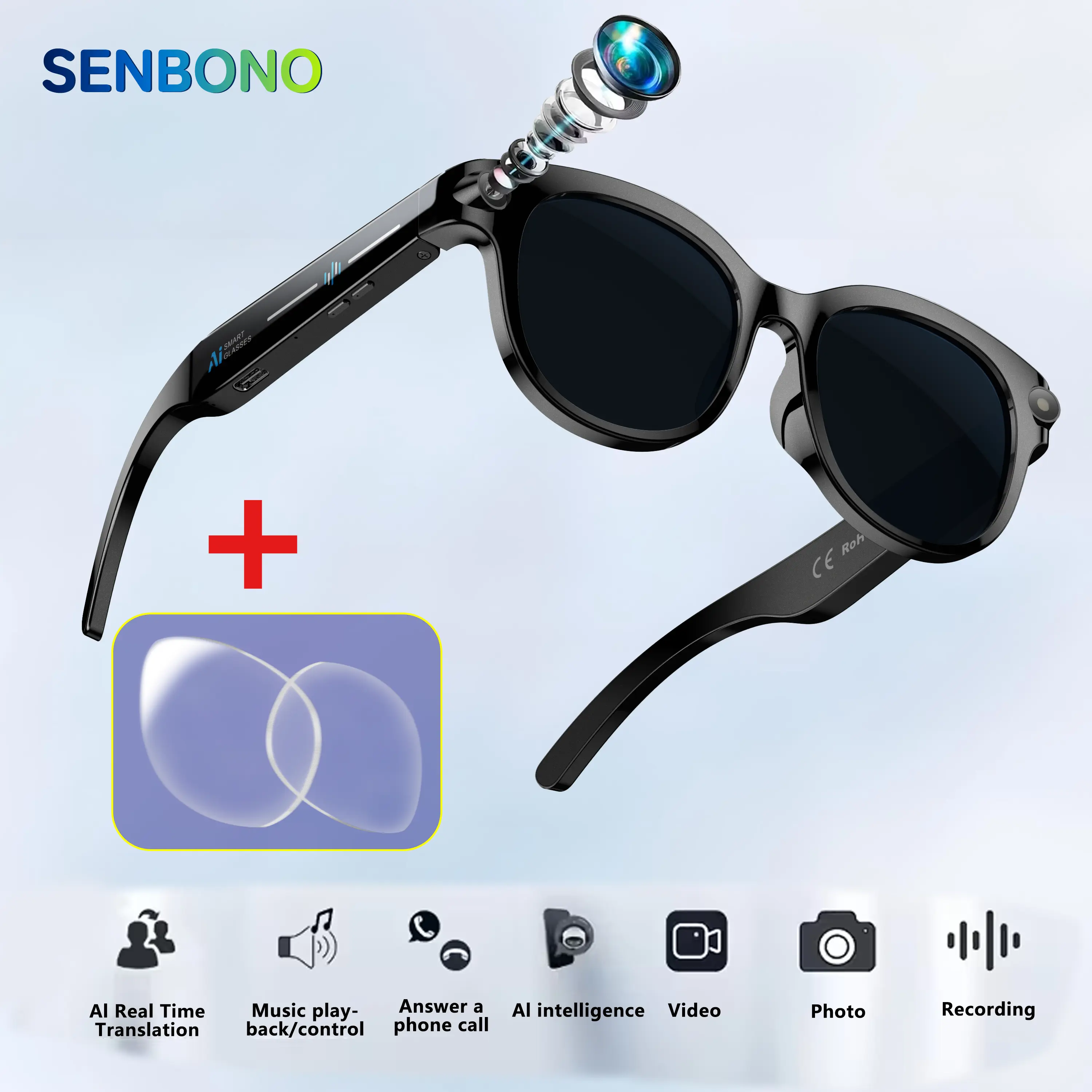 SENBONO Modern Classic Square Wearable Wireless Audio Glasses - Portable Smart Sunglasses with AI Tech, Bluetooth Headphones, Camera, Wireless Calling, Object Recognition, Real-Time Translation, Video, Music Player, USB-C Fast Charging, Ideal for Fishing