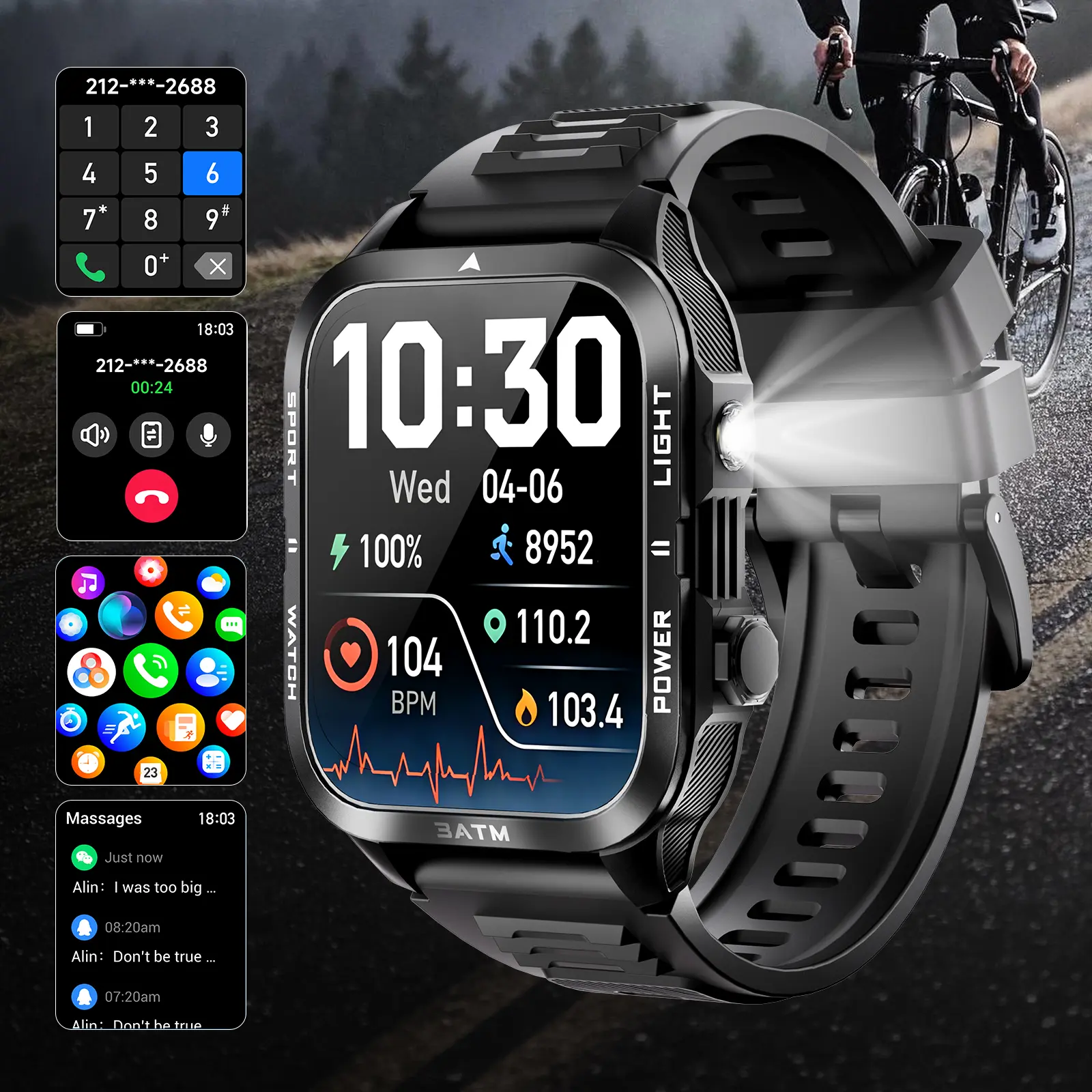Men's Military Sports Smart Watch with Built-in LED Flashlight, Bluetooth Answer & Make Calls, Music Playback, 3ATM Waterproof, Multi-Functional Fitness Watch with Heart Rate Monitor, Compatible with iOS & Android Phones, Ideal Gift for Birthday & Holiday