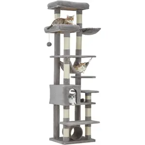 74 Inch Large Cat Tree for Big Cats Multi-Level Tower with Durable Scratching Posts Cozy Condo Perches Comfortable Hammock Tunnel and Convenient Feeding Station,Light Grey