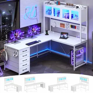 Sikaic 62 Inches LED Reversible L Shaped Gaming Desk White with Hutch Power Outlets RGB Lighting Modern Home Office Furniture