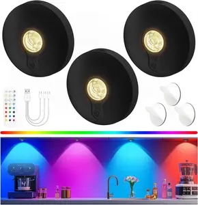 Rechargeable Puck Lights with Remote, 3 Pack Magnetic Under Cabinet Lighting, 1500mAh Battery Operated LED Tap Lights with Dimmer & Timmer for Kitchen, Closet, Shelf - 3 Color Temps & 12 RGB, Black, Multi-Mode Tap Lights, Three-Head Tap Lights