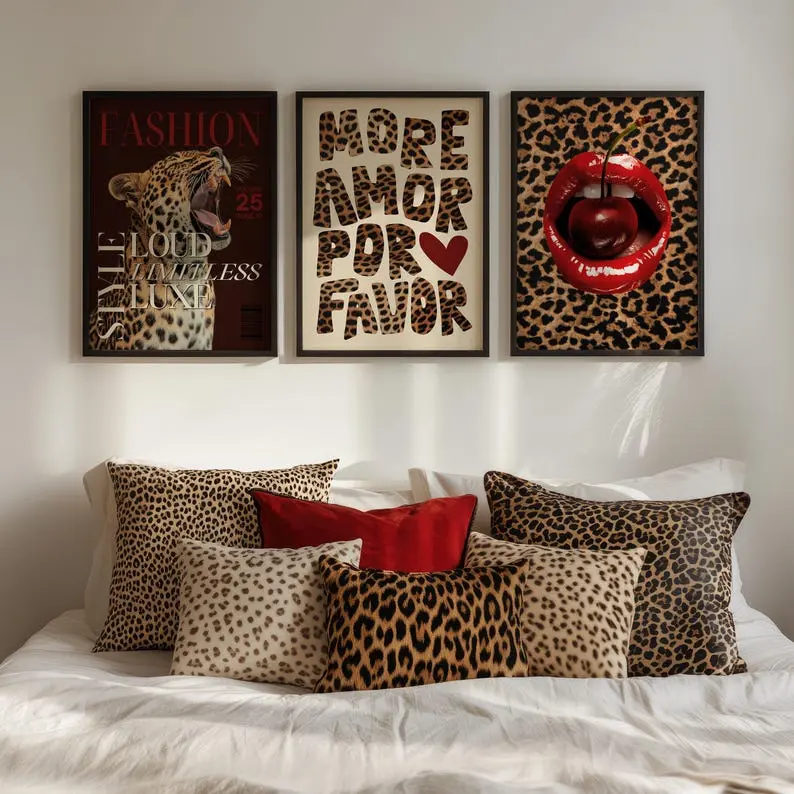 Leopard poster trendy wall art set of 3 prints, dorm room decor aesthetic y2k wall art cheetah prints, funky art prints chic bedroom decor