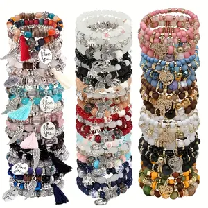 24pcs (6 Sets) of Bohemian-Style Tassel Multi-Layer Wooden Bead Elastic Bracelets Featuring Butterfly, Elephant, And Tree Pendants. These Handmade Unisex Bangles Are Colorful Wristbands Suitable for Creative Party Gifts And Everyday