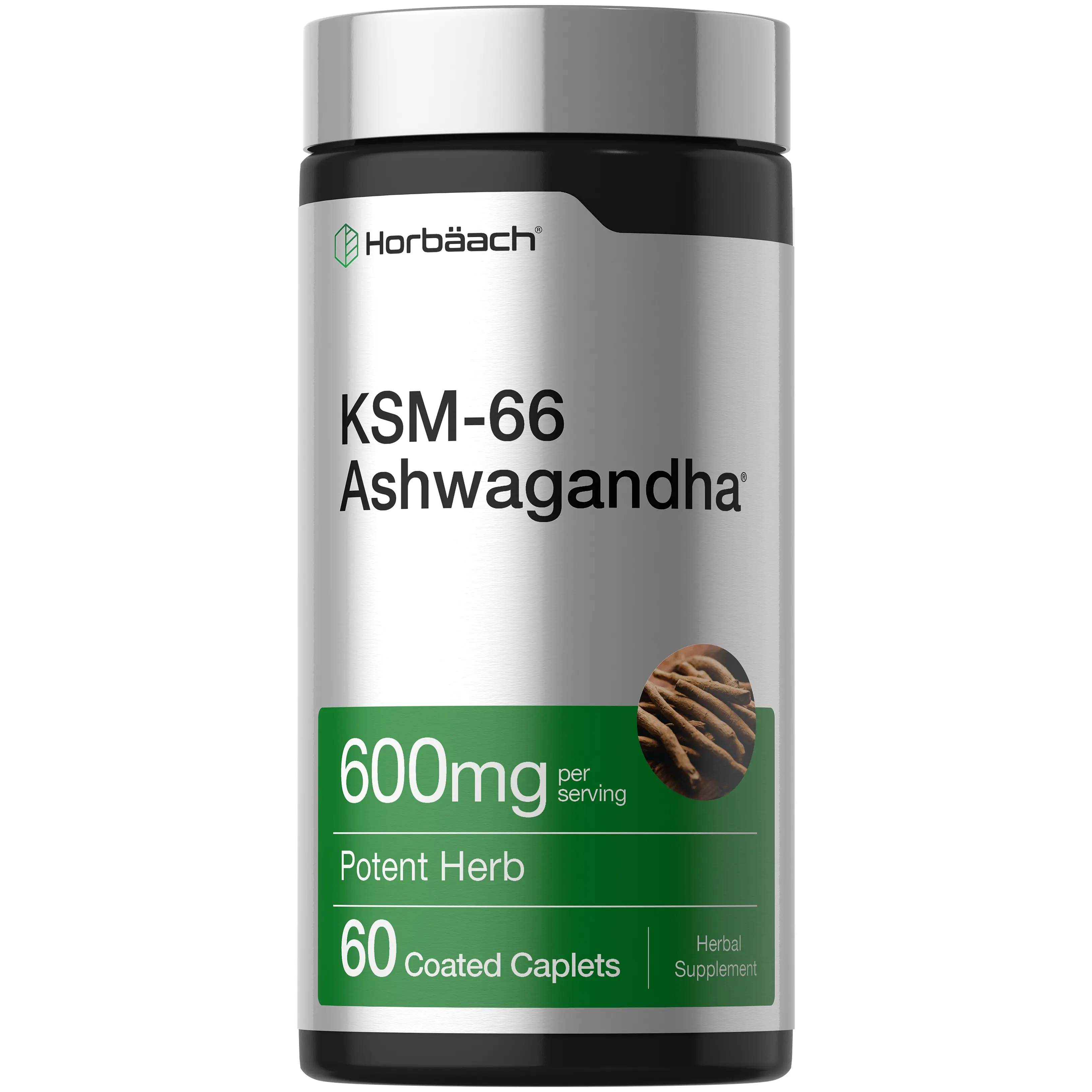 Horbäach KSM-66 Ashwagandha 600mg | With L-Theanine | 60 Coated Caplets | Vegan, Non-GMO, Gluten Free Complex Supplement