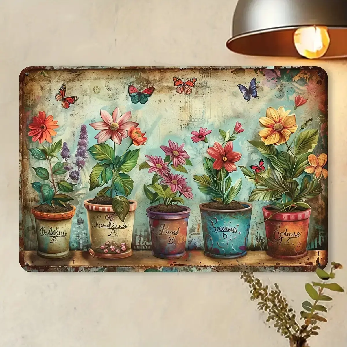 Vintage Butterfly Floral Print Metal Iron Plaque, Farmhouse Casual Wall Decoration with Flowers, Wardrobe & Kitchen Accent Home Sign, Kitchen Decor