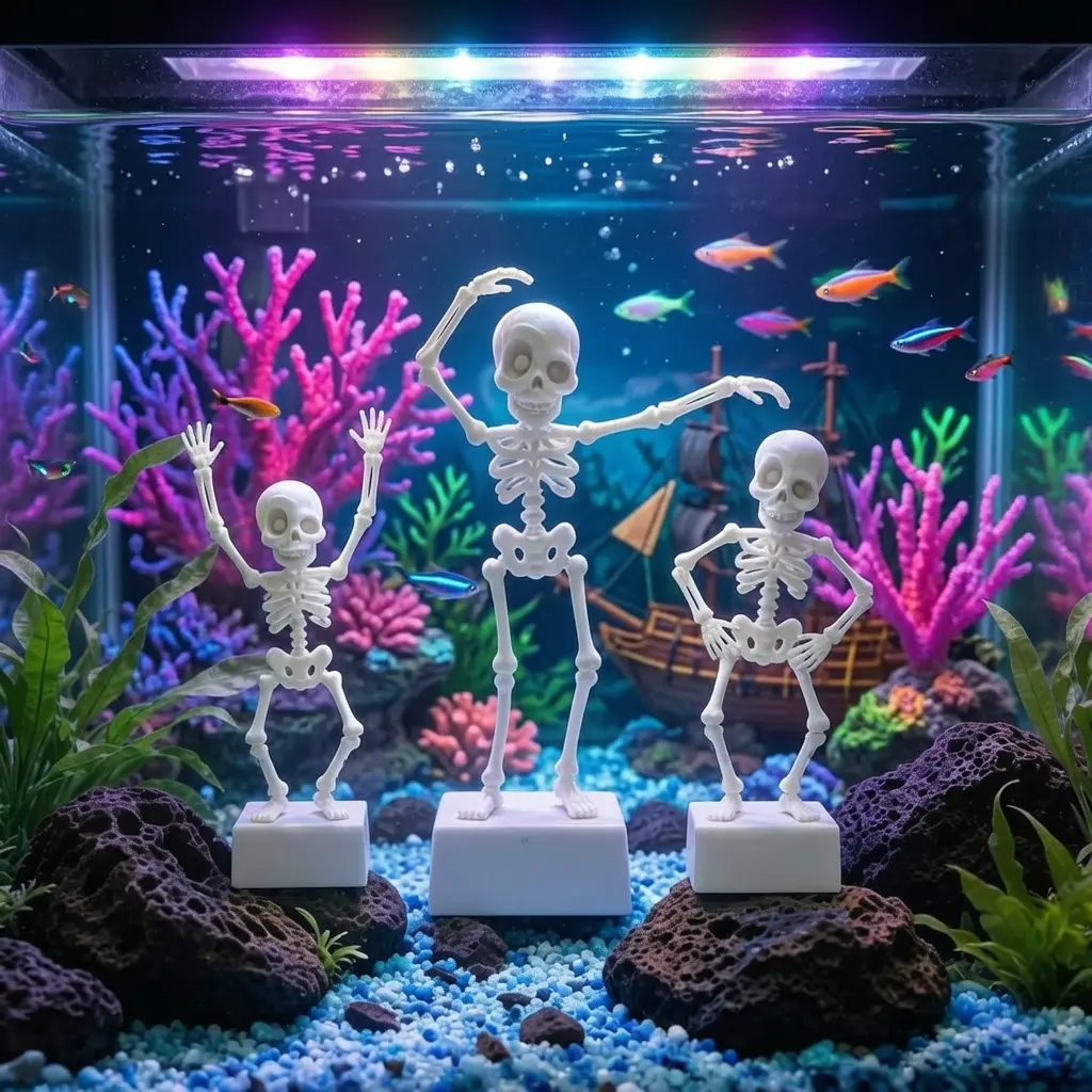 Air Driven Dancing Skeleton Aquarium Decorations, Skull Shape Ornament with Moving Parts, Bubble-Powered Fish Tank Statue, Unique Halloween Gift