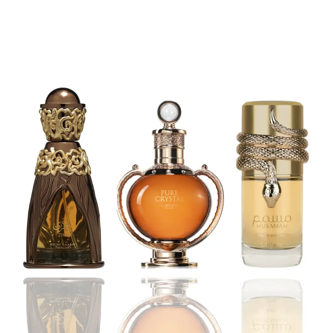Lattafa Unisex 3-Piece Gourmand Fragrance Bundle - ZIKRA, PURE CRYSTAL, MUSAMAM Scents (Emirati Niche, Citrus-Spicy, Amberwood Patchouli Notes) | Bundle, Aromatic, Musk, Fruit-Based Varieties, Bundle Unisex Fragrance