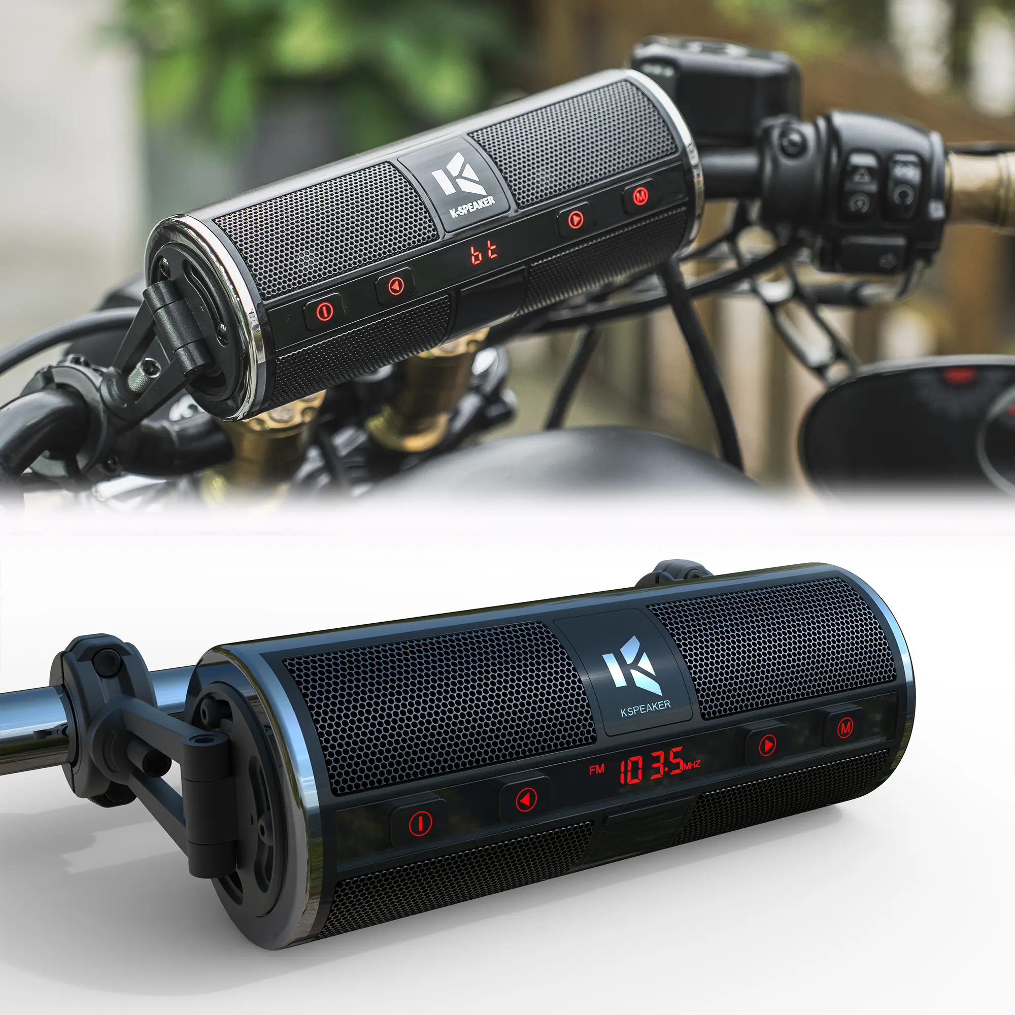 KSPEAKER K2 Motorcycle Handlebar Speakers with Bluetooth, FM Radio, USB Charging, Built-In Amplifier, 12V Wired Power, Weather-Resistant Stereo Audio System for Cruisers, Touring Bikes, Trikes, 3-Wheelers, Weekend Trips and Open-Road Riding