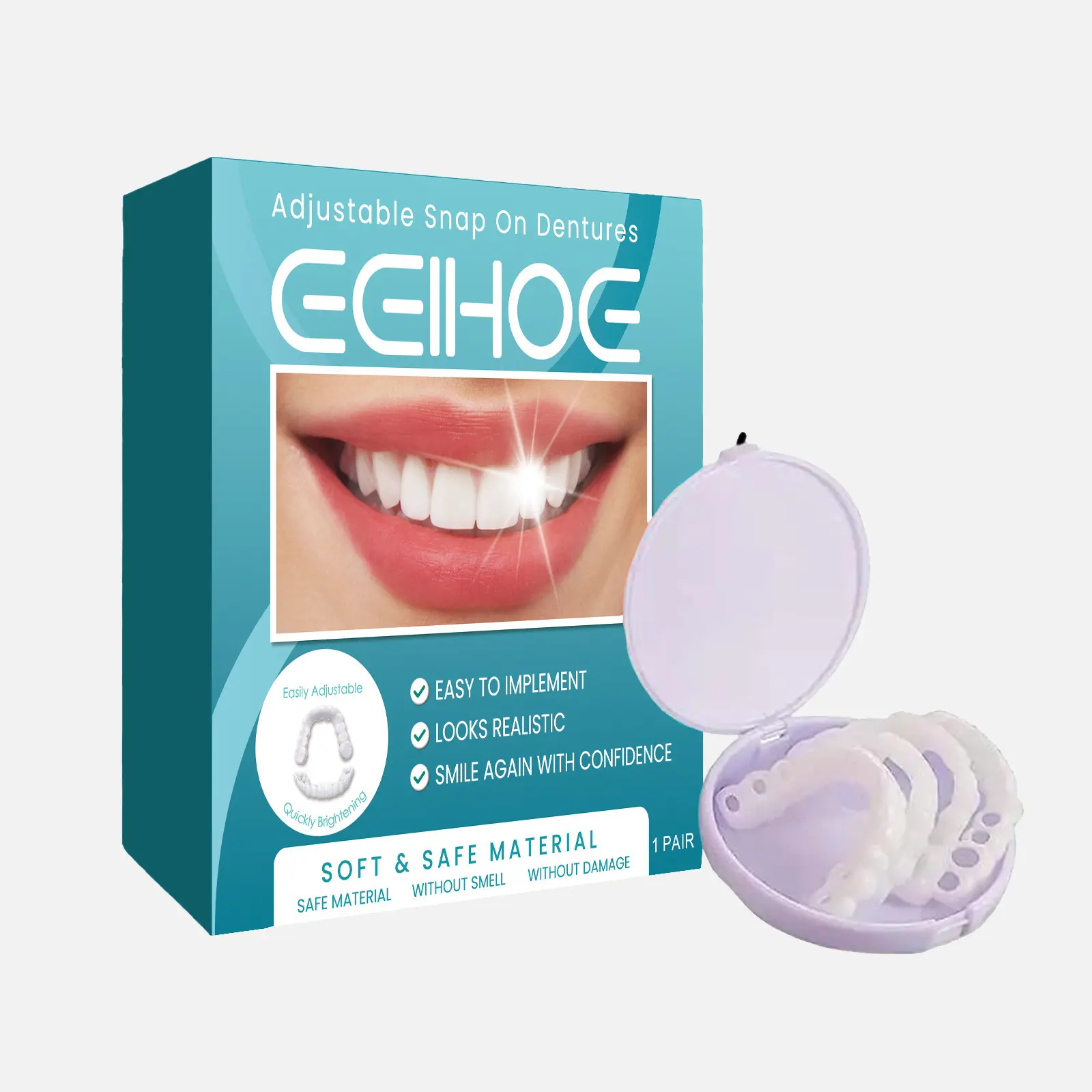 EEIHOE Adjustable Snap-On Dentures Set (1 Pair) - Natural Look, Moldable Fit, Comfortable Fit, Odorless Safe Material, Anti-Scratch Easy-Clean Dental Prosthesis with Case, Sports Protective Gear, Dentures 1Pairs, Simple Use, Easy To Implement