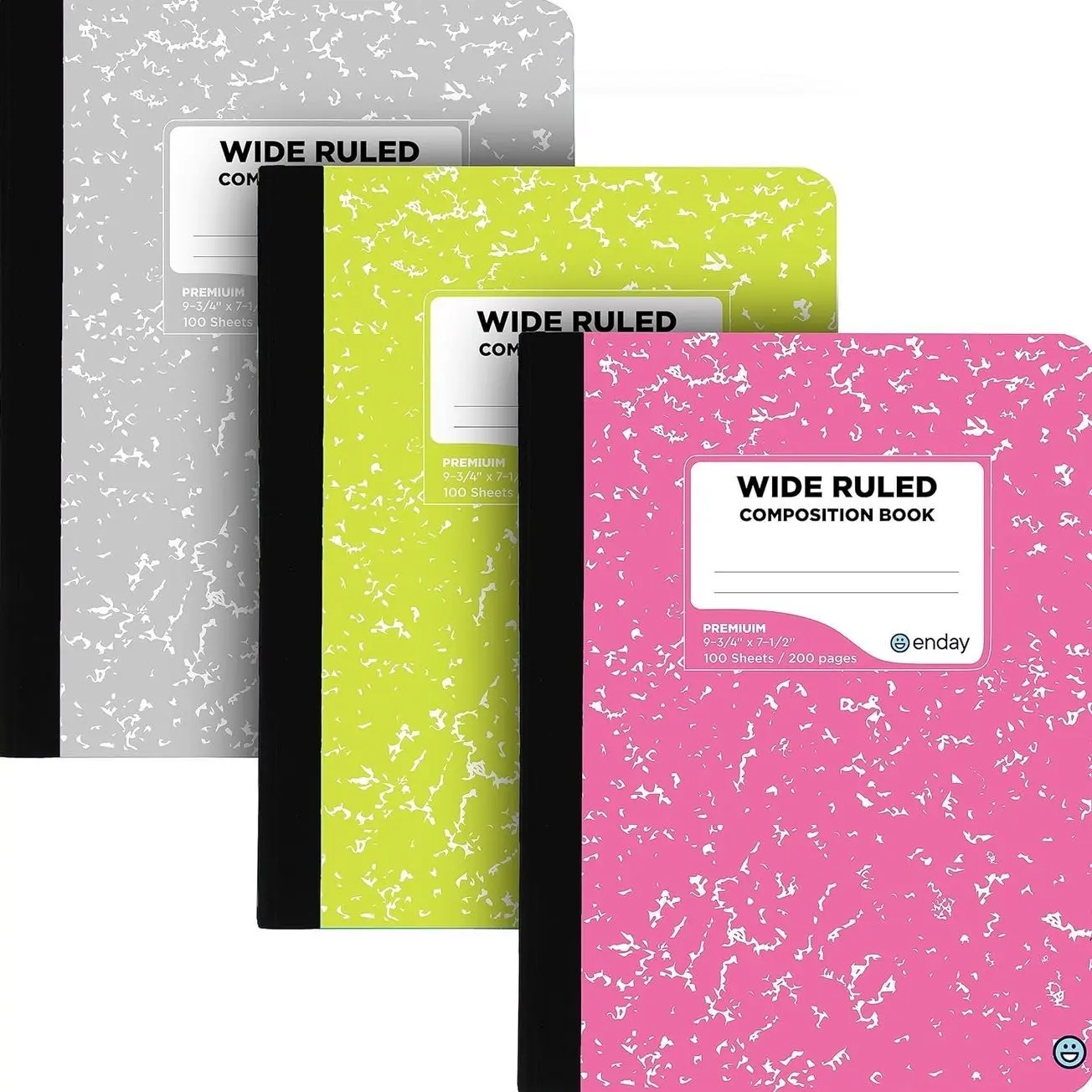 Composition Notebooks Wide Ruled Paper, Colored Marble Composition Notebook Covers, 100 Sheets (200 pages) Composition Books, Marble Notebooks Wide Ruled For School, Pink -Grey -Green – by Enday
