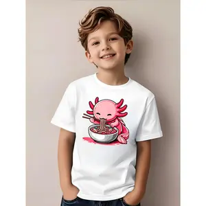 Pink Axolotl Eating Noodles Unisex T-shirt girl clothes kids clothing stocking stuffers teenage boys country boy clothes boys clothing kids stuff for boys kids stuff for girls stocking stuffers for girls youth clothing cute school tops