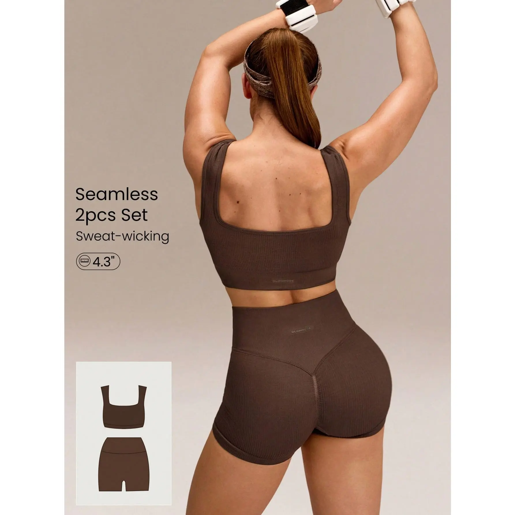 GLOWMODE Ultrafine Soft Seamless Square Neckline Removable Cups Ribbed Underbust Sports Bra & 4.3" Scrunch Butt Lifting Shorts Set Training Running Workout Gym Wear